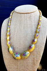 CZECH 1920’S NECKLACE YELLOW SATIN GLASS BEADS WITH FLOWERS 19.6″ Long