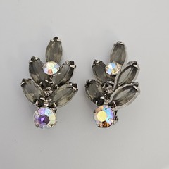 Vintage Bracelet Brooch Earring Set Smoky Gray AB Rhinestone Silver Tone