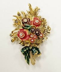 VINTAGE BOB MACKIE SIGNED STAMPED ROSE BOUQUET RHINESTONE BROOCH PIN – RARE J110