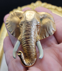 Vintage Elephant Brooch Pin Brushed Gold Tone Enamel Tusks Signed Animal Figural