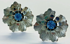 Vtg Pendant Brooch Pin & Earrings Blue Rhinestone Silver Tone Design by Anthony