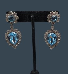 Vintage Art Deco Baby Blue Clear Rhinestone Teardrop Dangle Post Earrings