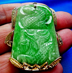 Original EARTH MINED Antique Green JADE DRAGON Pendant 14K GOLD Deco Luck Gift