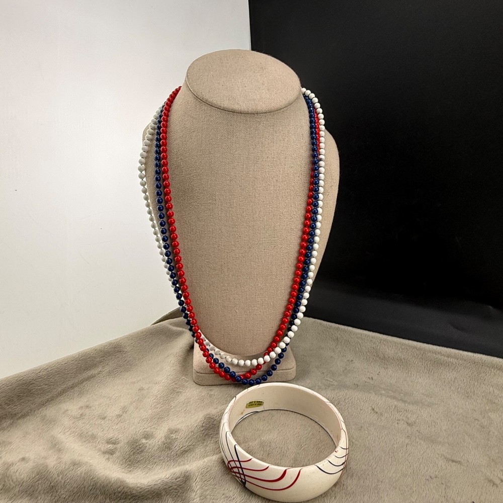 Vintage Necklace Bangle Bracelet Set Patriotic Red White Blue 4th of July 25”