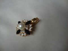 Vintage Fashion Jewelry Faux Pearl Black Marquise & Clear Rhinestone Pendant