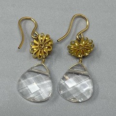 Clear Glass Bead Dangle Earring Faceted Teardrop Flower Rhinestone Gold Tone 1.5
