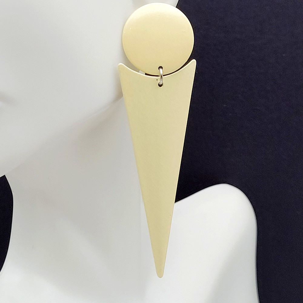 Minimalist Geometric Long Drop Dangle Metal and Cream Enamel Vtg 1980s Earrings