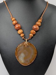 Vintage Carnelian Agate Slab Pendant Necklace Wood Bead Leather Cord 22″ Boho