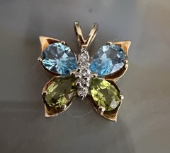 10k Gold Blue Topaz, Peridot & Diamond Accent Butterfly Pendant