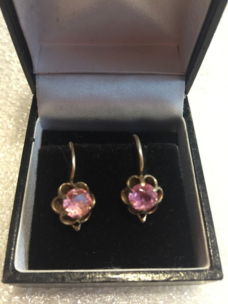 Earrings Vintage Soviet Silver 875 Russian USSR pink corund labr gold plated