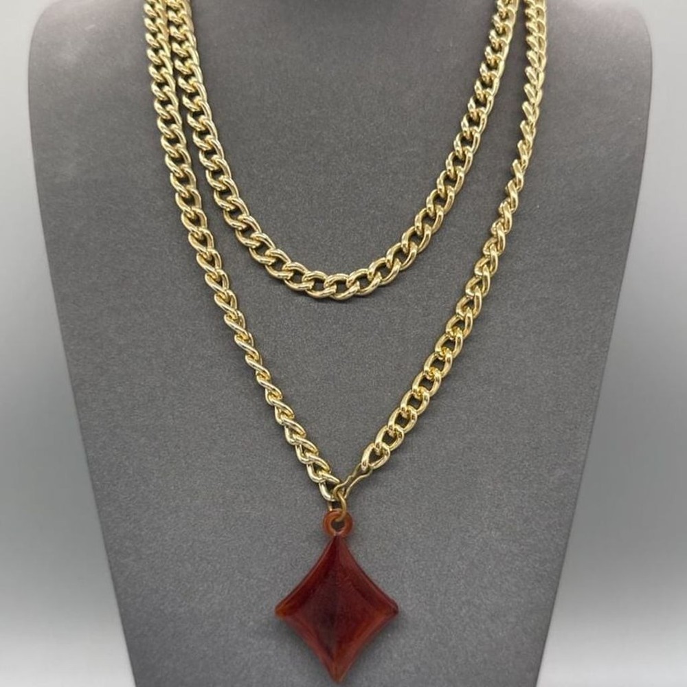 Chunky Lightweight Gold Tone Chain Necklace Orange Novelty Pendant Vtg