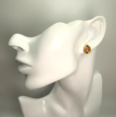Vintage Opal Glass Cabochon Stud Earrings Gold Tone Oval Fire Glow
