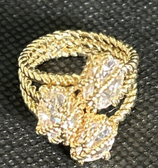 Vintage Gold Tone Rope Cocktail Statement, Ring Clear Glass Stones Size 7.5