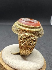 Rare Ancient Bronze Ring Carved Red Agate Eastern King Antique Size 8 US