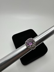 Vintage Ornate Purple Sapphire Sterling Silver Ring Signed TB Size 6.25
