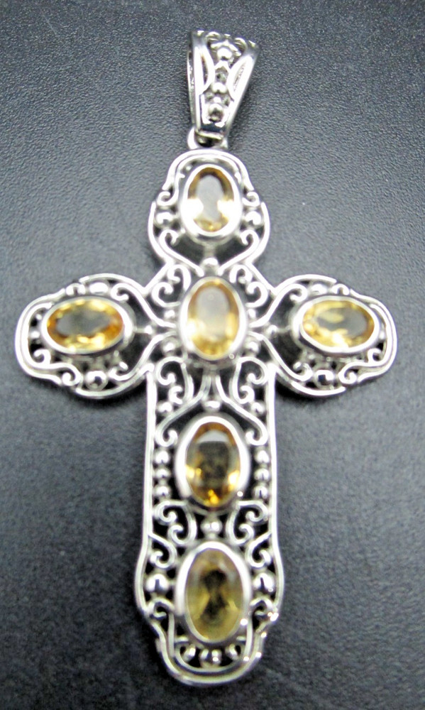 Brazilian Citrine & Filigree Cross Pendant – 2 inches Long