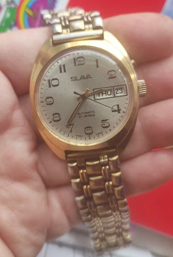 Vintage automatic wristwatch Slava made in USSR Russian watch gold plated