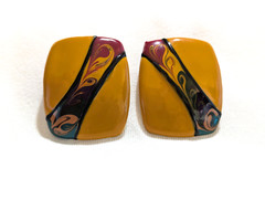 Vtg abstract earrings square enamel modern swirl art design pierced post mustard