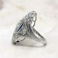 Art Deco Style Lab-Created Diamond & Sapphire Engagement Ring 14K White Gold FN