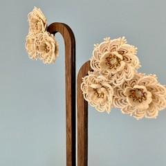 Vintage Coro White Soft Plastic Flower Earrings AB Rhinestone Lacy Triple Floral
