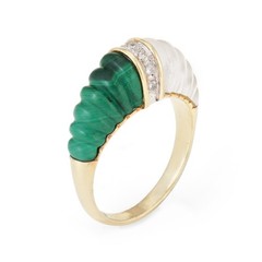 Fluted Rock Crystal Malachite Diamond Dome Ring Vintage 14k Yellow Gold Estate
