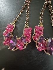 Nice Vintage Gold Tone Pink Purple Deep Red Rhinestone Dangle Hook Earrings