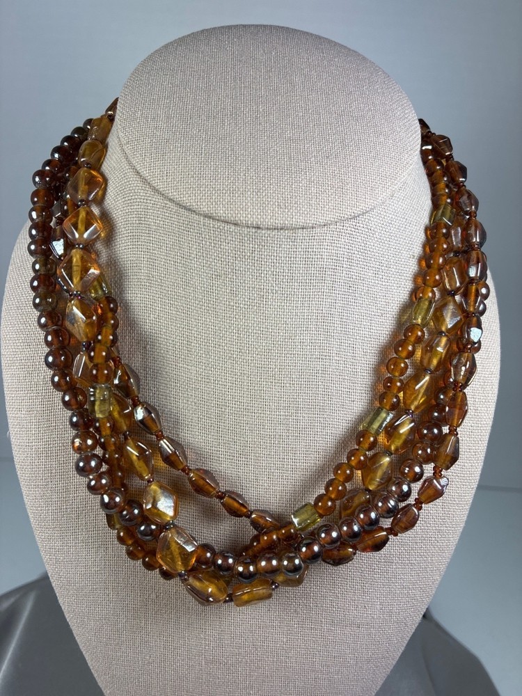Vintage Multi Strand Amber Glass Bead Necklace Cognac Brown Statement Necklace