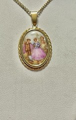 Vintage Mid Century Mod Limoges Courting Couple Lovers Filigree Setting Pendant