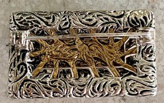 Vintage Art Deco Style Gilt Brooch Purple Rhinestone Silver & Gold Tone Filigree
