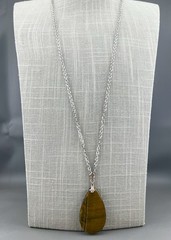 Vintage Gemstone Necklace Tiger Eye Teardrop Pendant 28”