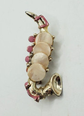 Vintage Saxophone Brooch Pink Enamel Mother of Pearl Keys Gold Tone Pin Brooch