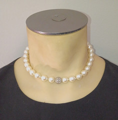 Cookie Lee Faux Pearl Choker Necklace & Bracelet set with Rhinestone Ball Clasp