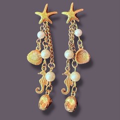 Starfish Earrings Seahorse Shell Dangle Vintage Gold Tone Faux Pearl Pierced