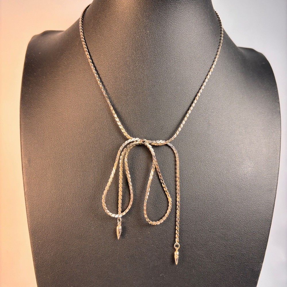 Vintage Napier Necklace Silver Tone Bow Herringbone Chain 90s Statement