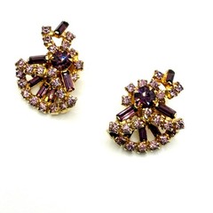 Vintage 50s Purple Amethyst Rhinestone Baguette Statement Necklace Earring Set