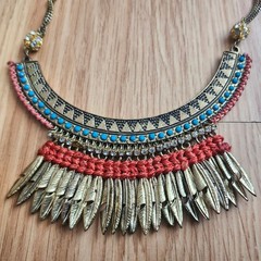 Boho Tribal Bib Fringe Statement Necklace Turquoise Beads Rhinestones Gold Tone
