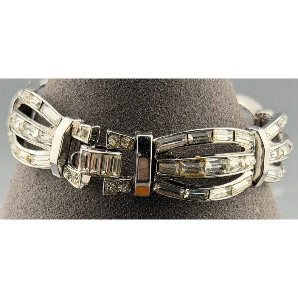 Vintage Trifari Bracelet Triple Baguette Clear Rhinestones Trifanium Size 6.5