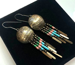 Southwestern Dangle Earrings Turquoise Coral Bead Fringe Vtg Sterling Silver #7