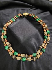 Vintage Multi Strand Beaded Necklace Wood Faux Malachite Cork Boho Statement