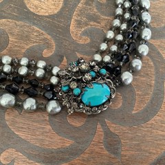 Vintage Miriam Haskell Baroque Pearl Turquoise Rhinestone Crystal Clasp Necklace