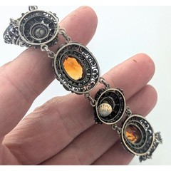 Antique PERUZZI Florence 800 Silver Ornate Rosette Faceted Citrine Link Bracelet