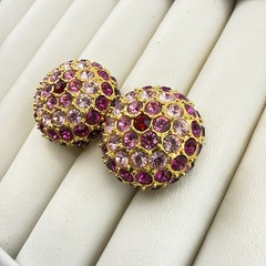 Joan Rivers Earrings Pink Purple Rhinestone Domed Round CLIP ON Cocktail Vintage