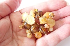 Vintage Signed Austria Cluster Style Brooch W/ Amber Yellow Brown Glass Cabochon