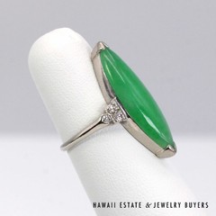 GIA Type A Green Jadeite Jade Diamond 14K White Gold Ring Size 5