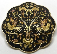Vintage Spanish Damascene Gold Black Double Bird Two birds Brooch Trombone Clasp