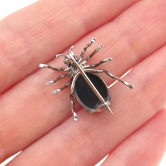 835 Silver Antique Art Deco Real Hematite Spider Oxidized 3D Mini Pin Brooch