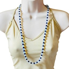 VTG Opalescent Necklace Opalite Art Glass cobalt blue beaded Beads Collar 32″L