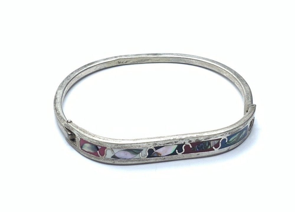 Vintage Southwest Nickel Silver Abalone & Enamel 6.5” Hinged Bangle Bracelet