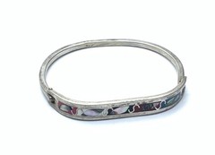 Vintage Southwest Nickel Silver Abalone & Enamel 6.5” Hinged Bangle Bracelet
