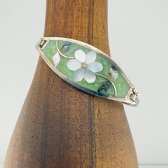Vintage Silver Abalone Mother of Pearl Flower Inlay Bangle Bracelet Oval Green